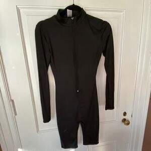 K Mock Neck Front Zip Thigh Length Black Bodysuit